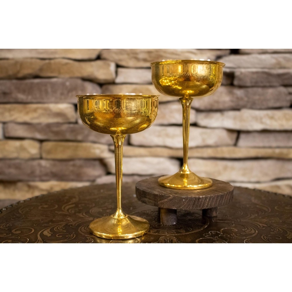 1930s Art Deco Gold Plated Champagne Coupes | Engraved Wedding Goblet Pair